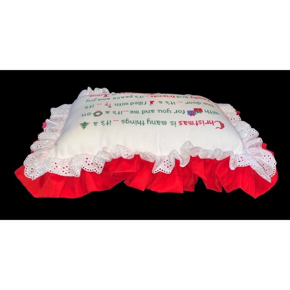 Vtg Christmas Pillow With Embroidered Quote Ruffle Trim 17"x12" - Picture 5 of 5